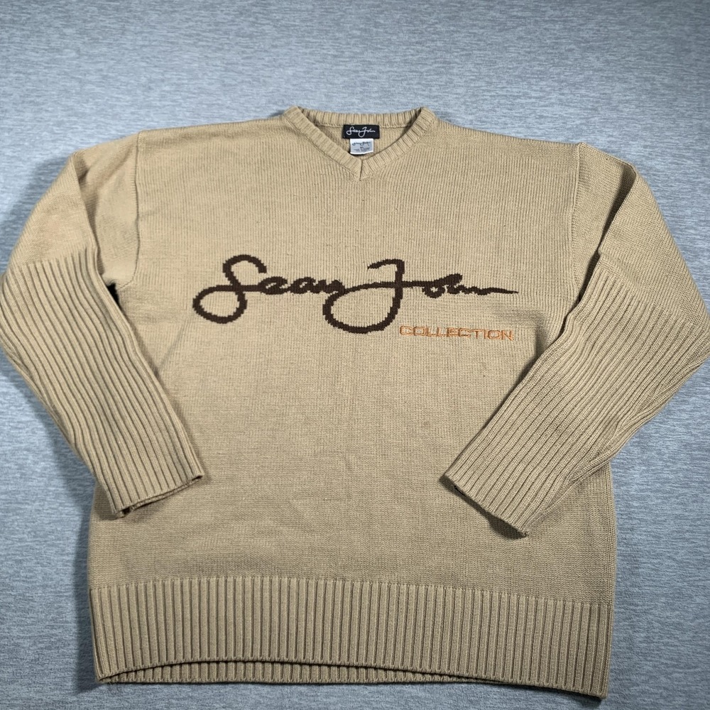 Sean John Sweater Mens XL Tan‎ Knit Pullover Wool Blend V Neck Collection Logo